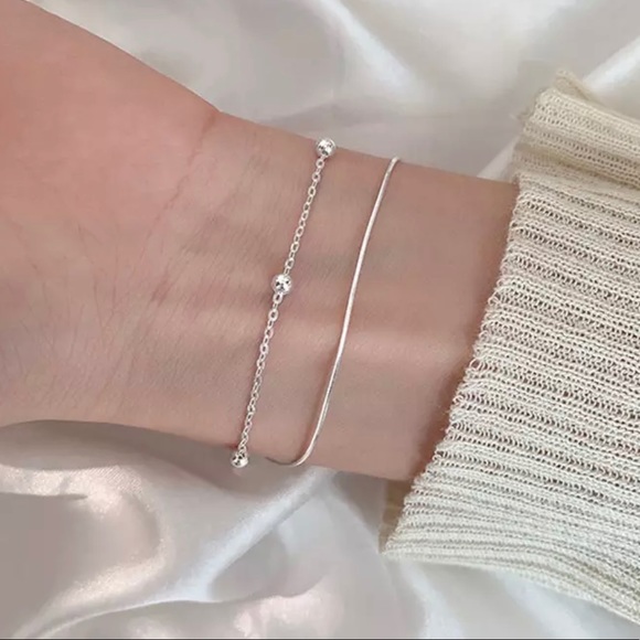 "925 Sterling Silver Double Layer Beaded Chain Bracelet with Extension" - Picture 2 of 7